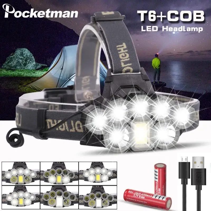 

2*T6+5*Q5+1*COB LED Head Lamp Outdoor Waterproof Headlight Rechargeable Long Range Headlamp for Camping Hiking Fishing Hunting