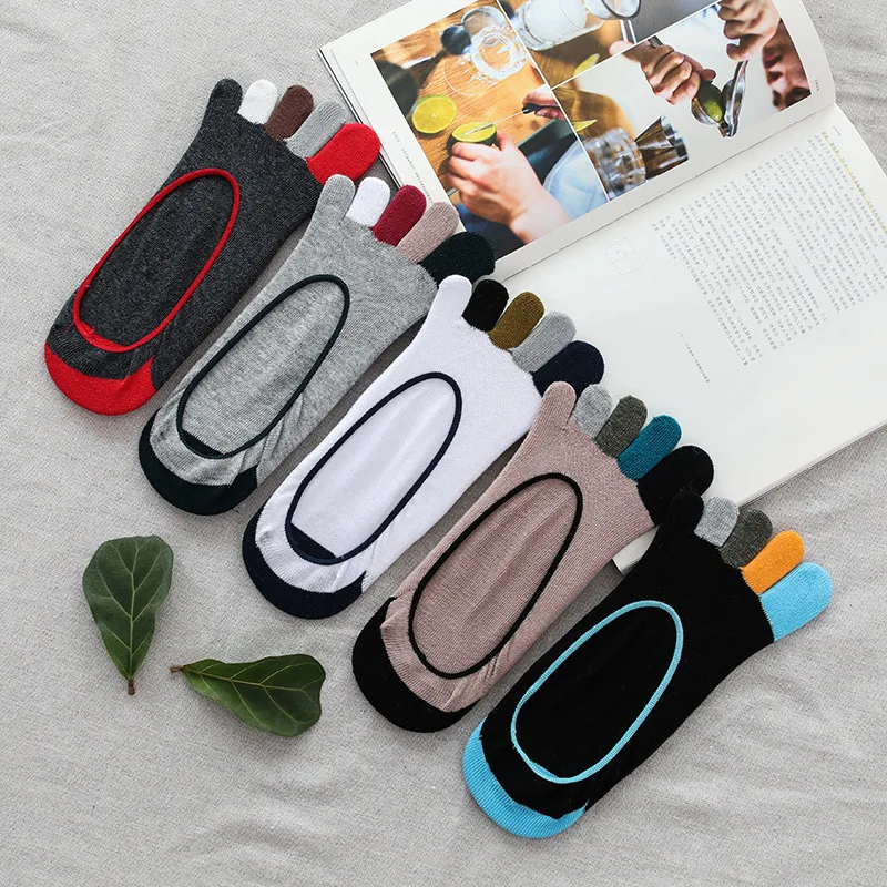 5 pares/lote homens esportes cinco dedos meias verão invisível silicone antiderrapante barco meias de algodão macio colorido toe meias