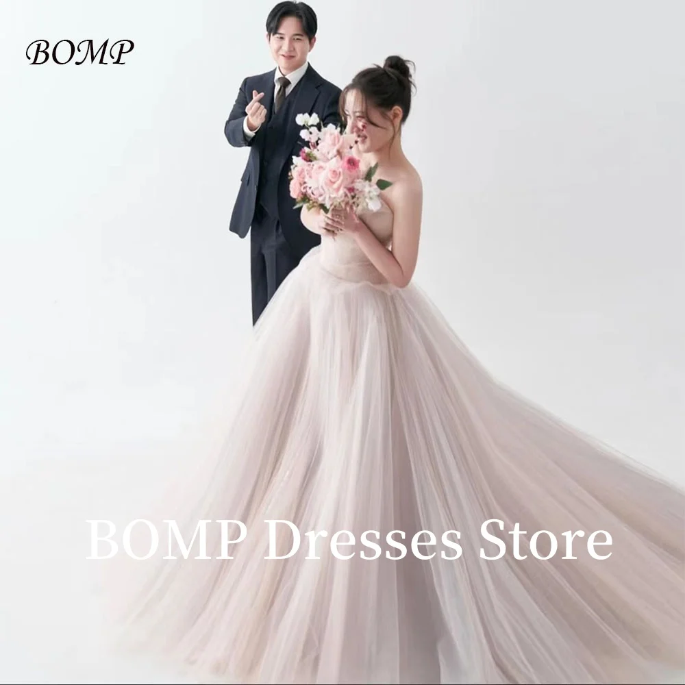 

BOMP Princess Light Pink Korea Wedding Dress Strapless Draped Tulle Corset Photo Shoot Bridal Reception Gown Customized 웨딩드레스