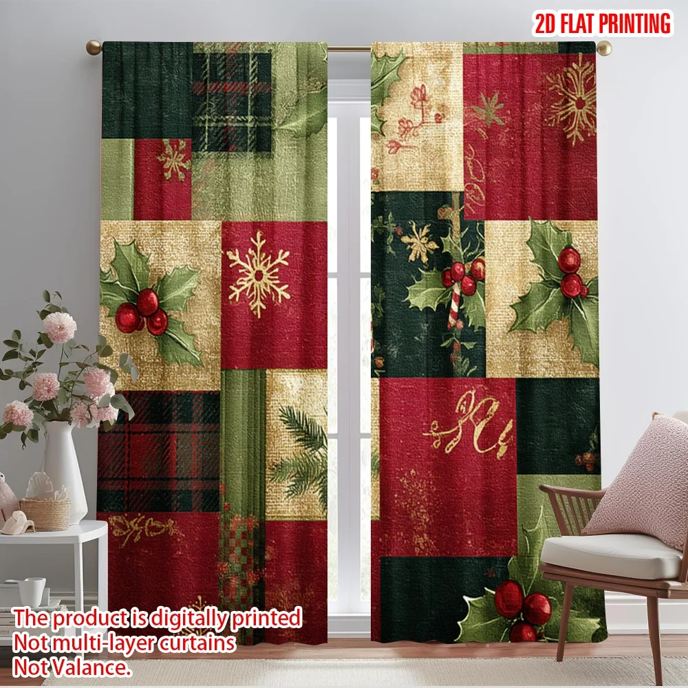 2pcs,2D plane printing Minimalist Curtains Christmas red and green check holly pine cones Versatile Polyester Fabric (without