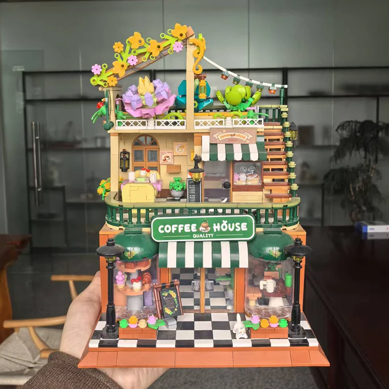 

1470PCS Coffee Shop Building Blocks Succulent Plant Flower House Cafe Architecture Street View Assemble Bricks Toy Gift for Girl