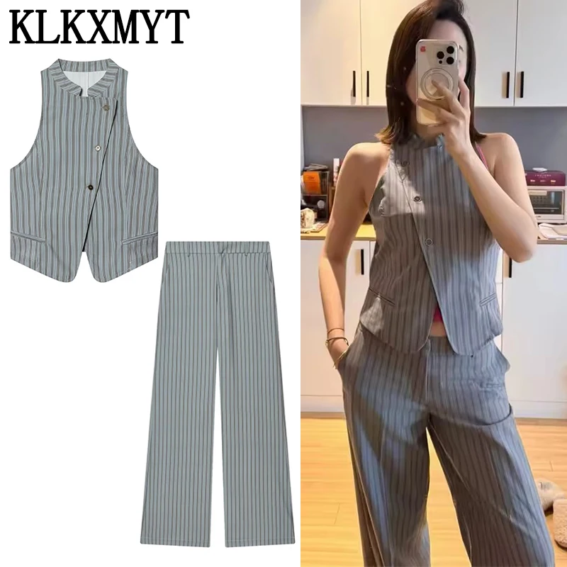 

KLKXMYT Chic Stripe Pants Set Women Sleeveless Stripe Vest Top Casual Flared Trousers Suits 2026 Spring Summer Woman Outfits ﻿ ﻿