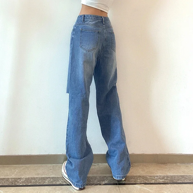 Cyber Y2k Vintage Hollow Hole Chain Straight Jeans Women High Waist Loose Denim Long Pants Summer Casual Streetwear 90s Trousers