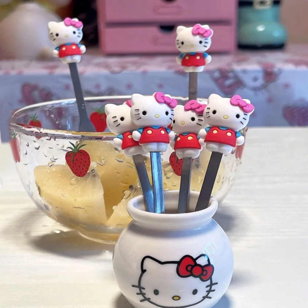 

Kawaii Hello Kitty Cartoon Creativity Fruit Fork Cake Fork Domestic Child Long Handle Portable Baking Accessories Holiday Gift