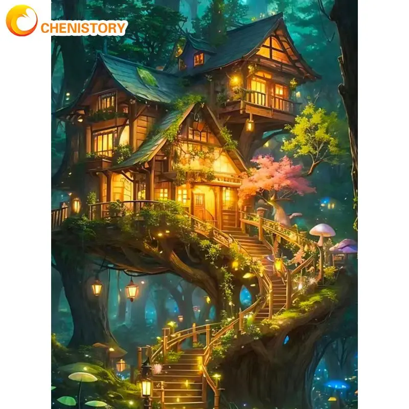 

CHENISTORY Diy Painting By Numbers Glowing Tree House Picture Drawing For Adults Kids Artwork On Canvas Handiwork