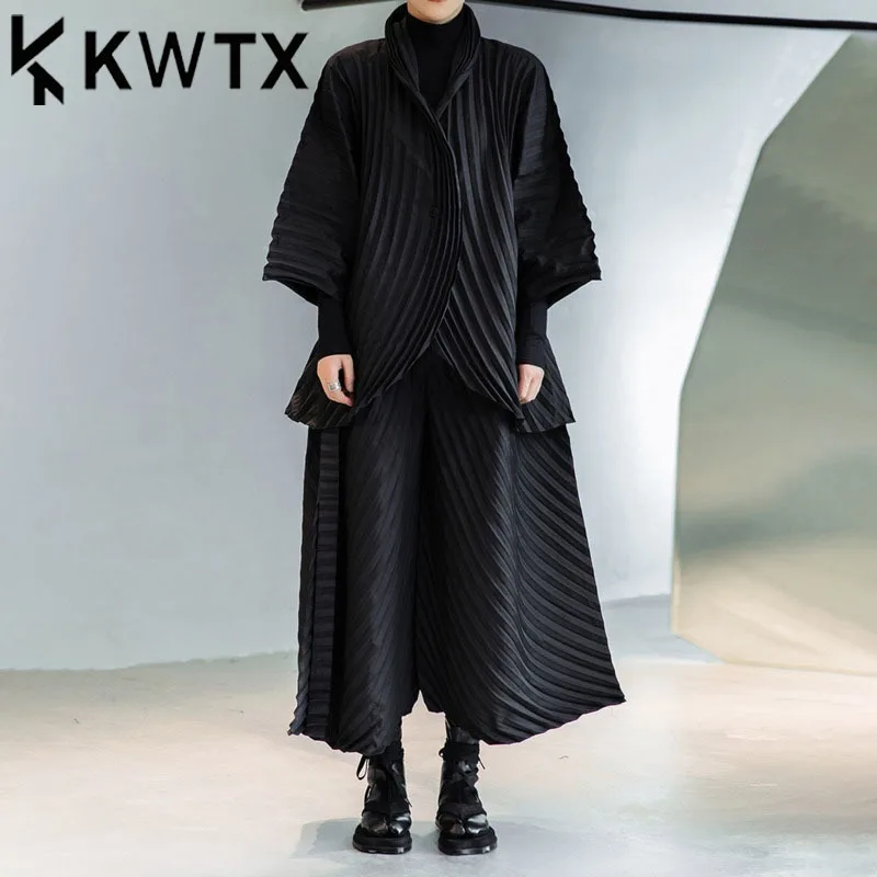 

KWTX Women’s Black Two-Piece Set 2025 Spring Summer Casual Pressed Pleats Jacket & Wide Leg Pants Luxury Chic High Quality