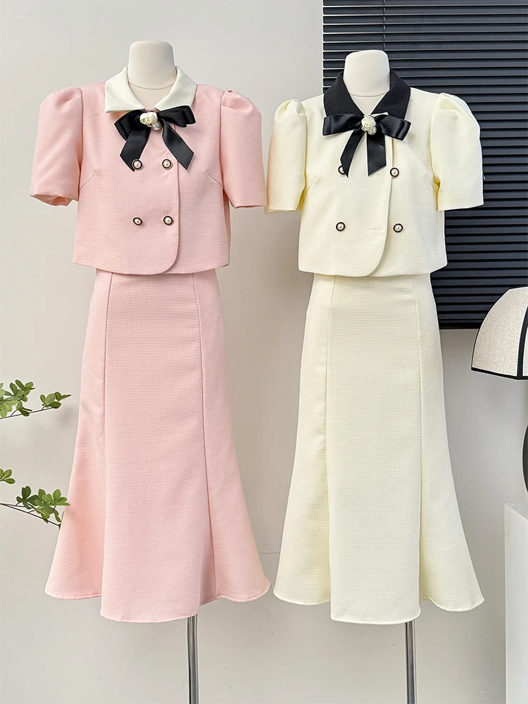 High Quality Small Fragrance Two Piece Set Women Short Jacket+ Bodycon Fishtail Skirts Suits Korean Elegant Fashion 2 Piece Sets