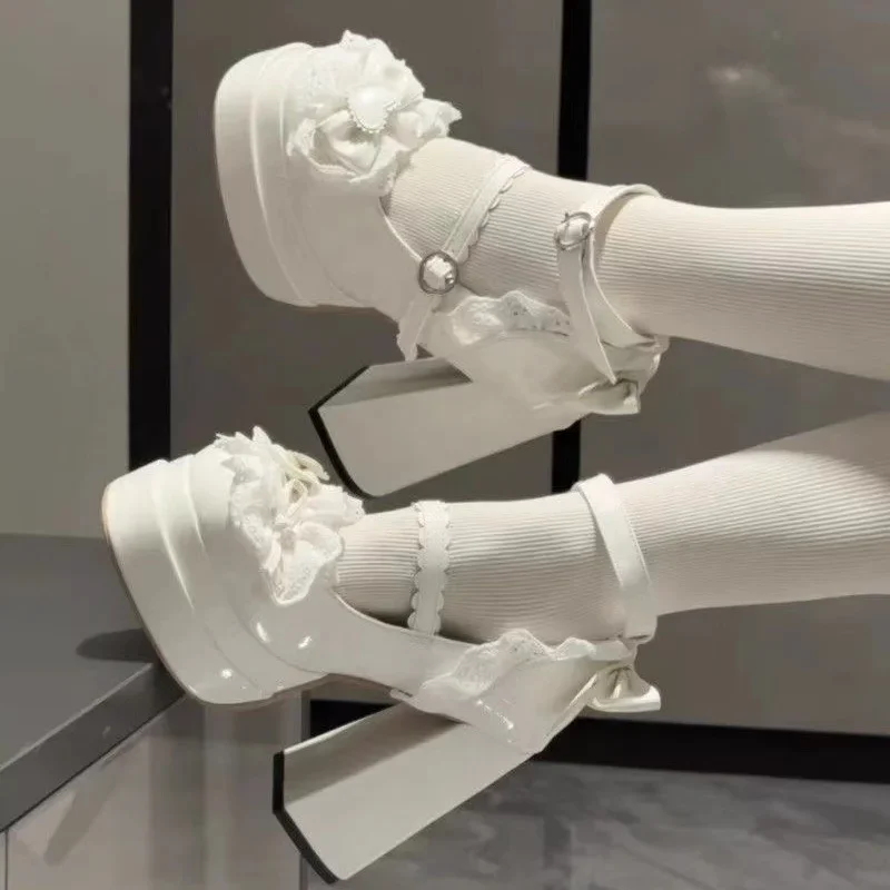 Sweet Cute Bowknots Lolita High Heels Lace Heart Bow Ankle Strap Platform Mary Janes Shoes for Women Preppy Style Princess Shoes