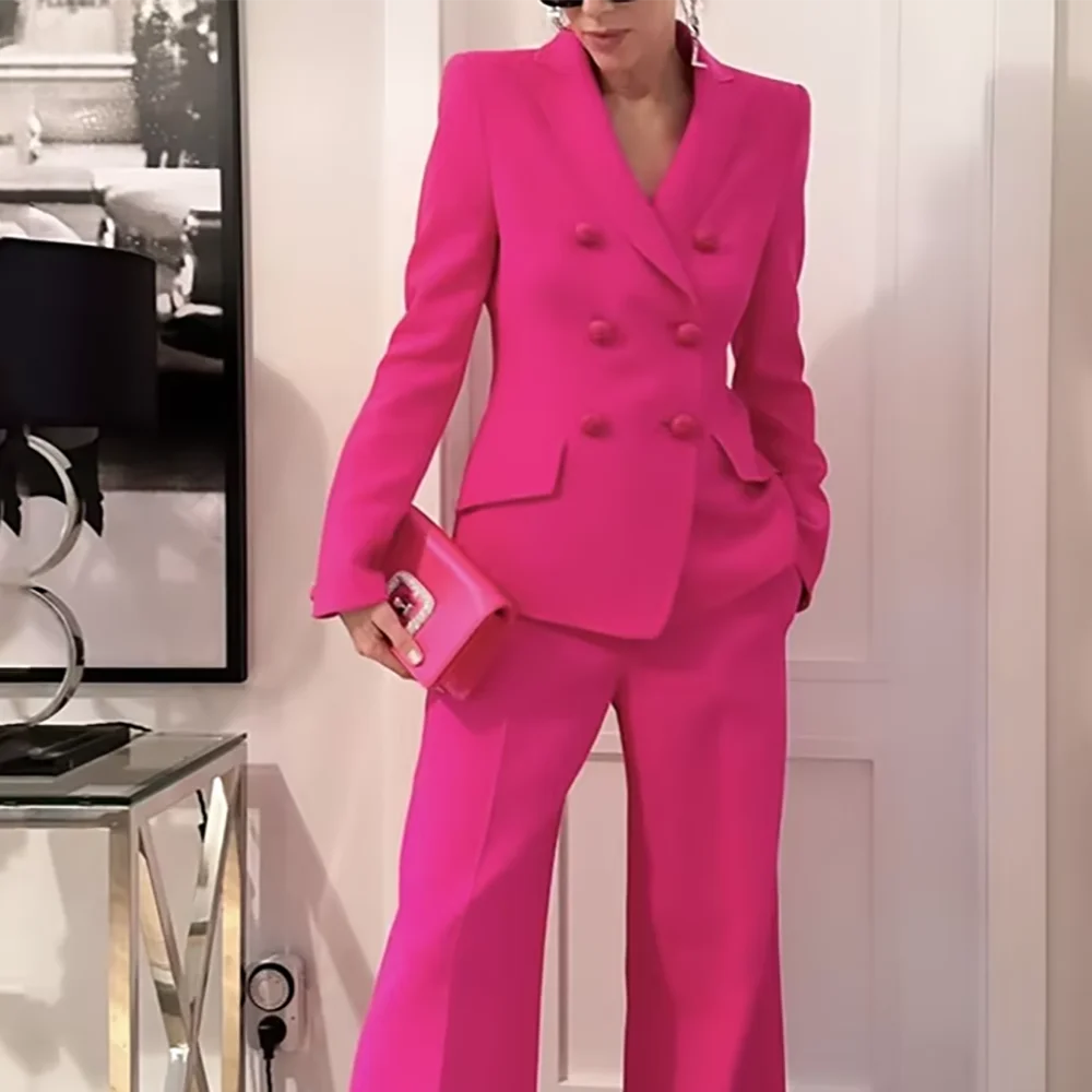 

Ярко-розовый женский костюм, роскошный комплект 2026, двубортный прямой наряд высокого качества с остроконечными лацканами, комплект из двух предметов на заказ