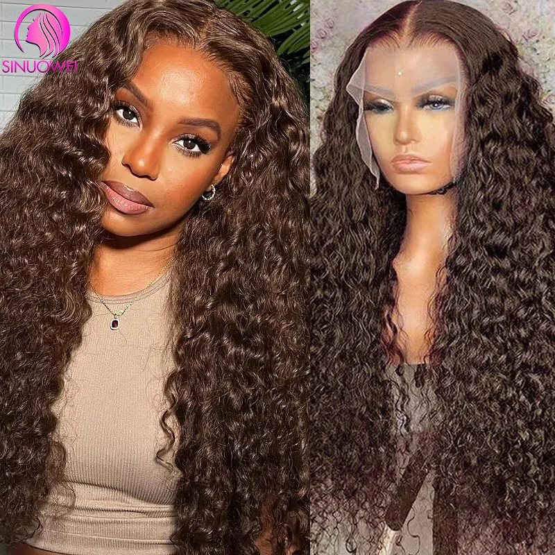 Czekoladowo-brązowy Water Wave Transparent Lace Front Wigs Wet Wavy Human Hair 13x4 Ear To Ear Lace Frontal Wigs Brazilian Curly Wig