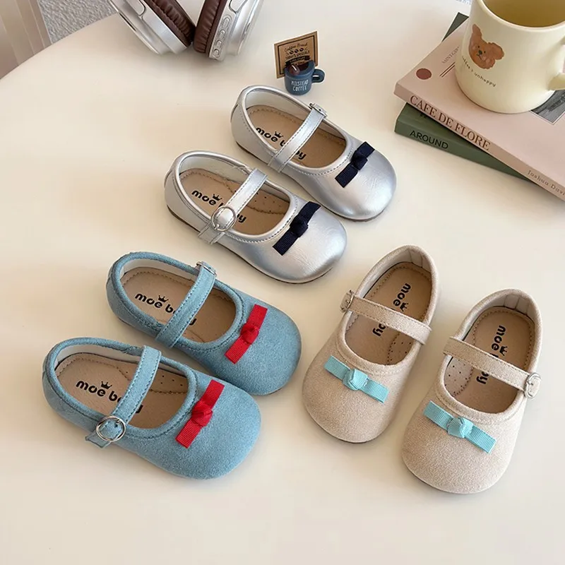 

Новинка 2024, весенне-летние детские туфли Мэри Джейн из мягкой кожи с бантом для маленьких девочек, повседневные детские туфли принцессы на плоской подошве с круглым носком для малышей