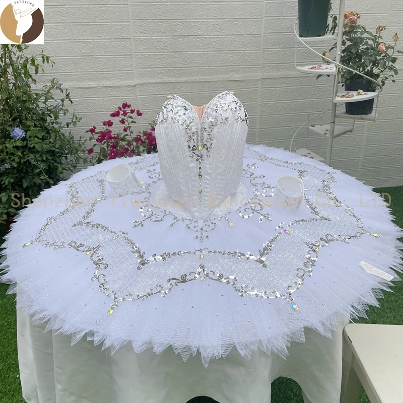 FLTOTURE Professional 2 Pieces White Tutu Skirt Silver Decoration Ballet La Bayadere.3rd Soloist Variation Costumes For Sale