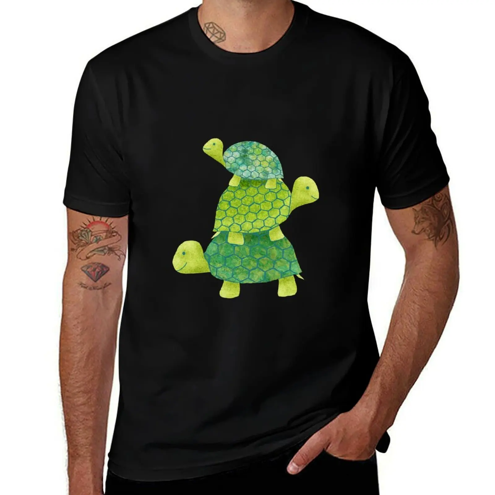 Cute Turtle Stack in Teal, Lime Green and Turquoise T-Shirt Fashion Letter Print T-Shirt