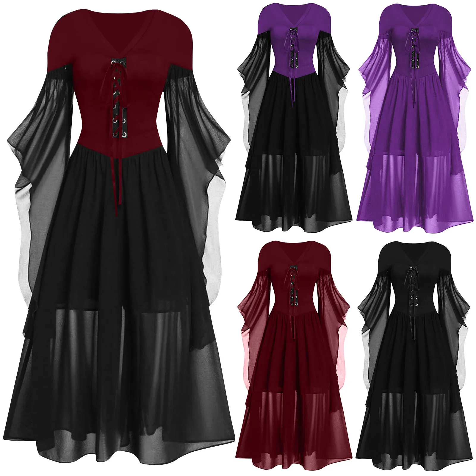 

Cocktail Dresses For Women Fashion Gothic Style 1950s Vintage Midi Dress Croset Long Flare Sleeve A Line Mens Gothic Clothes