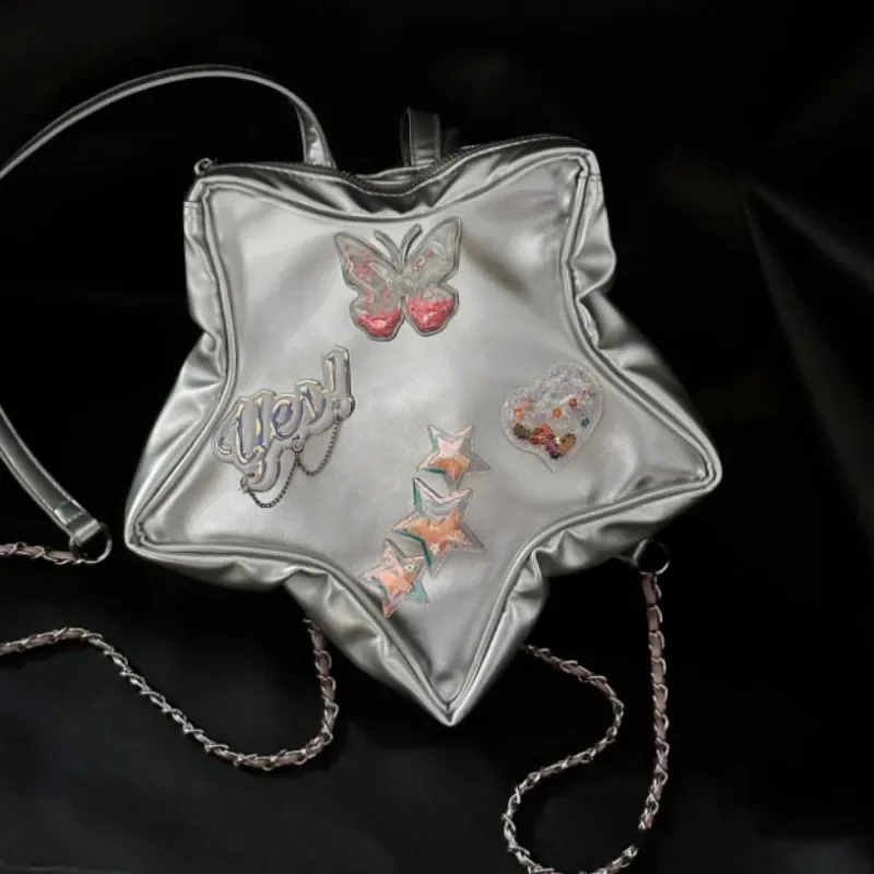 Y2k Star Initiated Silver Japanese Style Leather Bag, Kawaii Messenger Bag, Large Capacity, Cute Girl Bag, Wallet, New, 2023