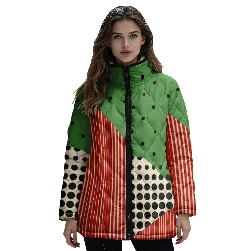 

Трендовая стеганая куртка с цветными блоками для женщин, полосатый узор в горошек с воротником-стойкой, уникальная модная верхняя одежда на зиму