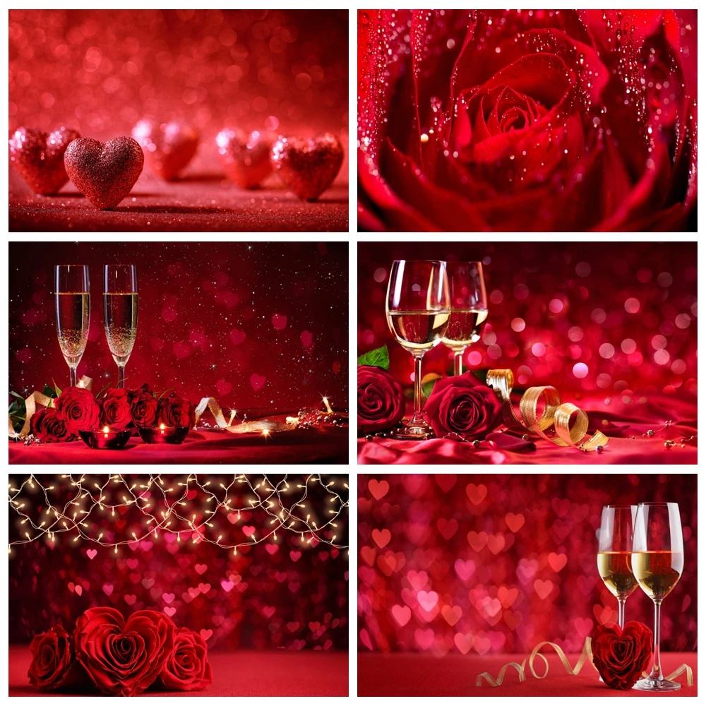 Valentine‘s Day Love Heart Glitters Photography Backdrops Rose Flowers Engagement Bride Shower Wedding Party Photo Backgrounds