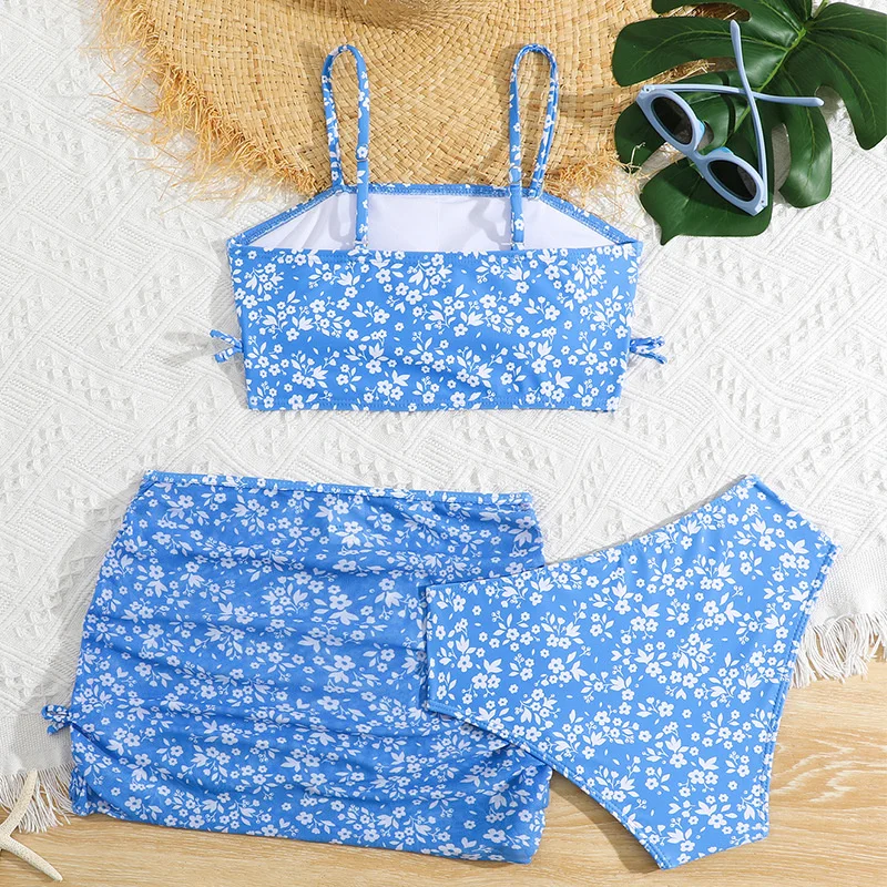 Girls Floral Print Swimsuit Sets 2026 New Kids Summer Swimwear Three-Piece Outfits Children Bikini+Shorts+Skirts Beach Clothes