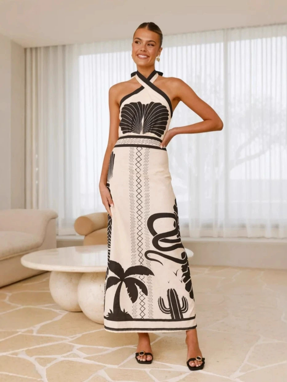 

Print Halter Neck Long Dresses Women Fashion Sexy Backless Leace-up Loose Vacation Maxi Dress Summer Casual Beachwear Vestidos