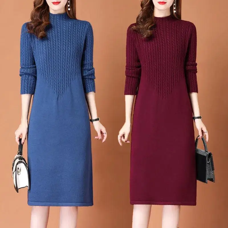 High End New Pullovers Half Turtleneck Long Sleeve Knitwear Middle-Long Bottoming Dress Autumn Winter Warm Knitted Sweater Women