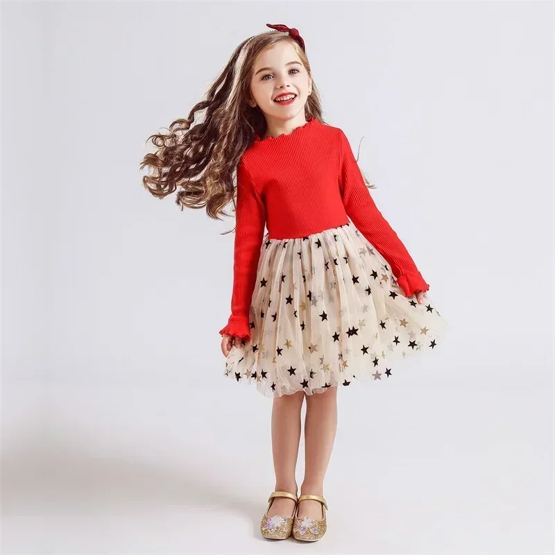 New Girl Autumn Winter Long Sleeve Dress Star Sequin Party Princess Dress Children Casual Clothing Fashion Knitted Tutu Clothing