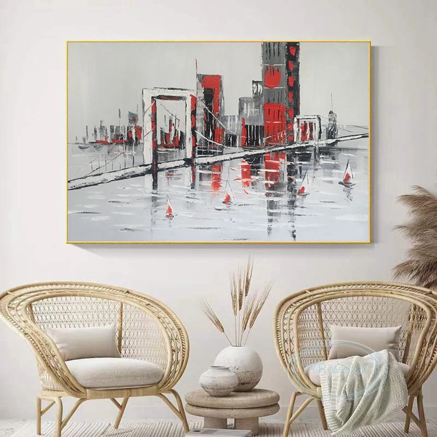 

Single Hand Drawn Seascape City Wall Painting Abstract Art Canvas Oil Painting Living Room Bedroom Restaurant Decoration Poster