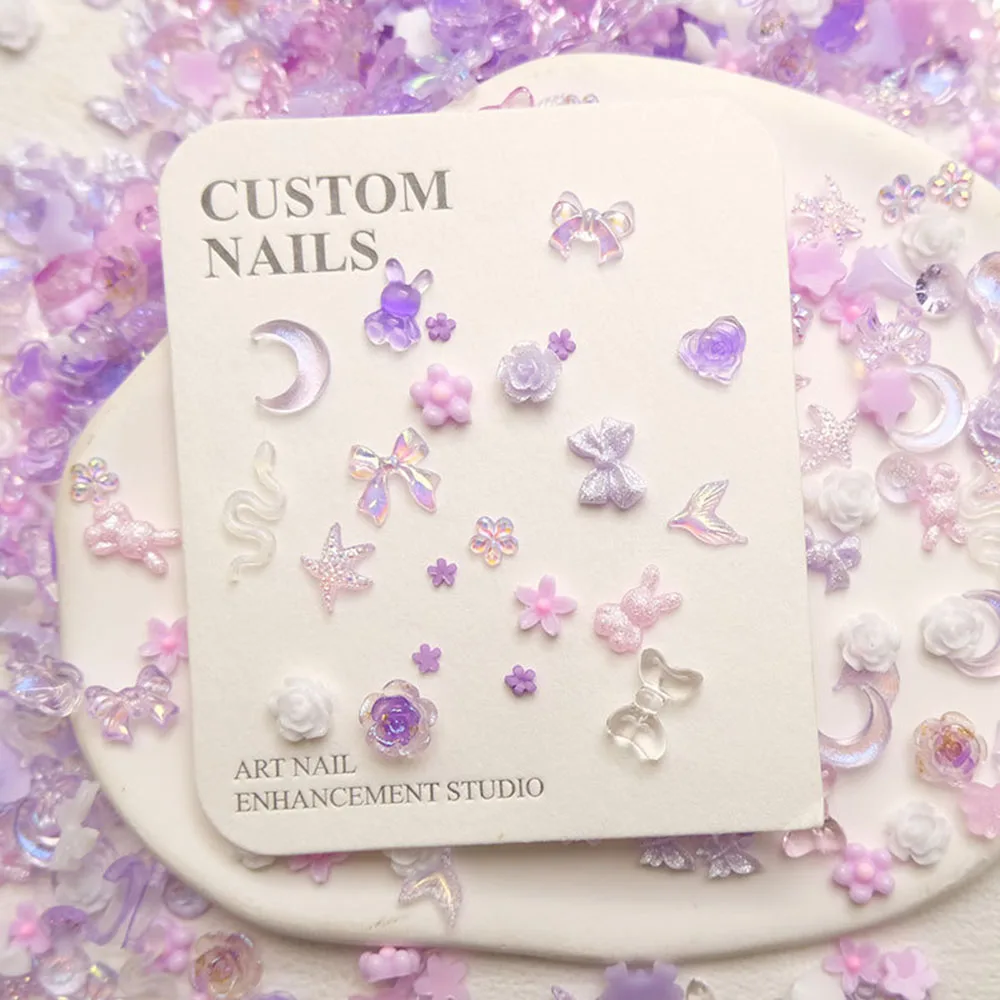 50pcs 3D Resin Nail Charms Butterfly Purple Mixed Shape Flower Moon Bow Design Nail Charm Decoration Manicure Supplies Parts