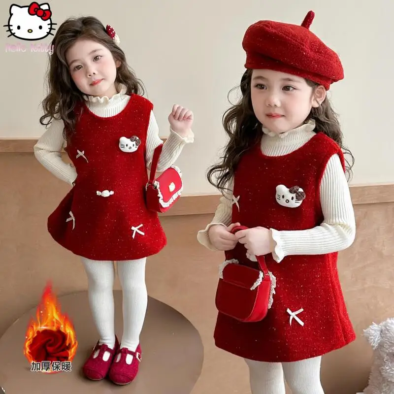 

Hello Kitty Girls Kawaii Knitted Sweater Dress Suit Anime Cartoon Autumn Winter New Sanrio Fashion Hat Christmas Three Piece Set