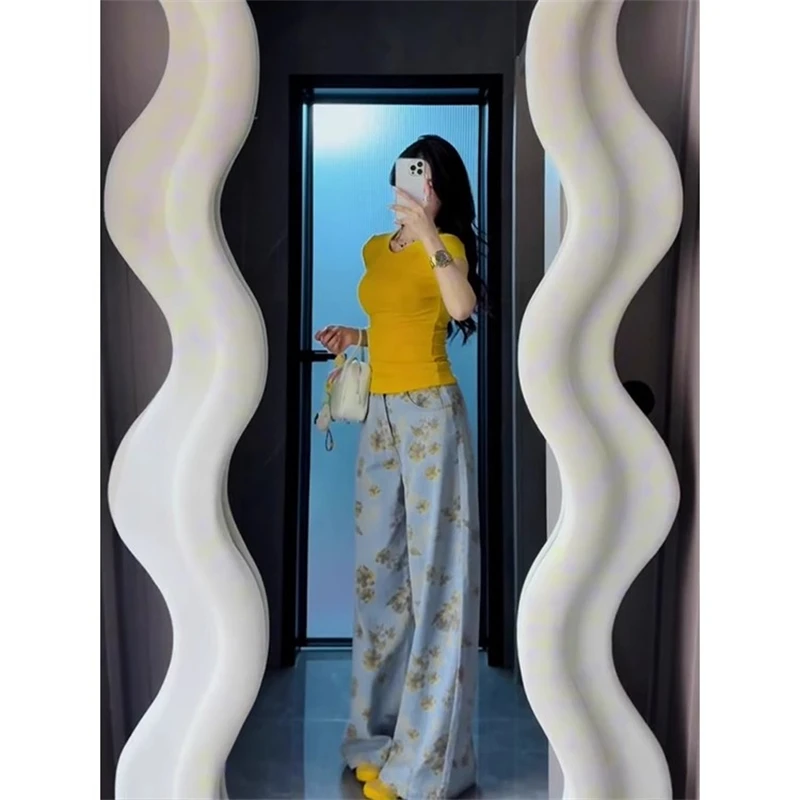 Mulheres vintage amarelo flor impressão azul denim calças de brim menina verão casual bottoms feminino cintura alta perna larga calças jeans