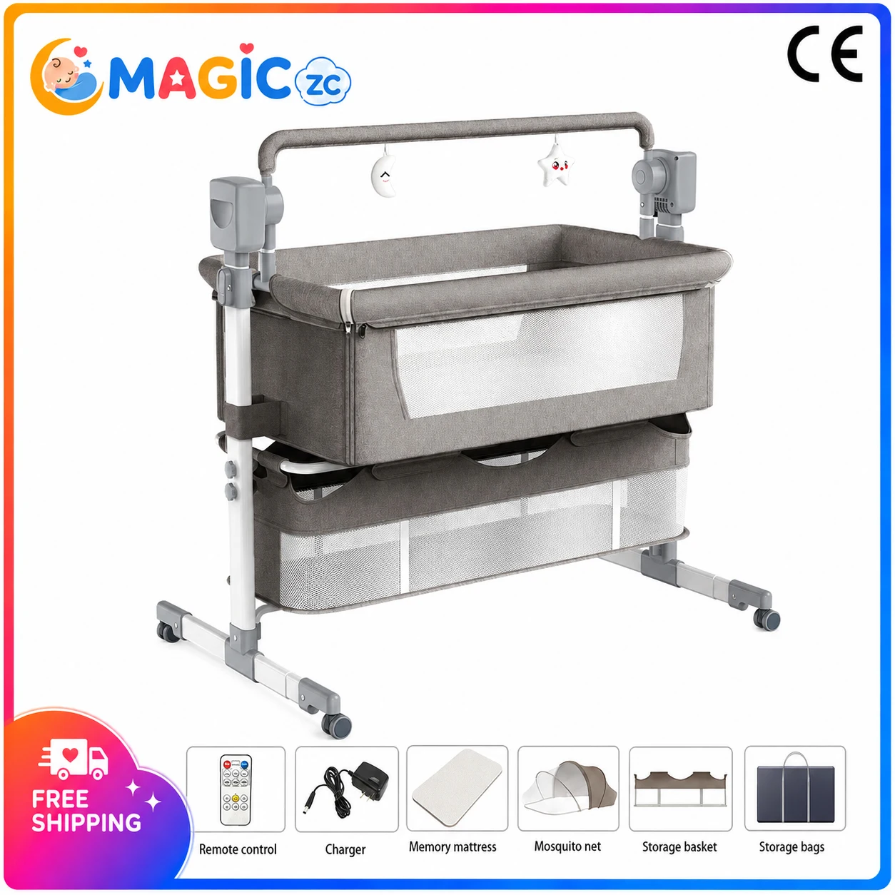 Culla da Comodino per Neonati 0-12 Mesi, Altezza Regolabile, Pieghevole, Co-Sleeper con Funzione di Dondolio Elettrico, 5 Velocità di Oscillazione, 3