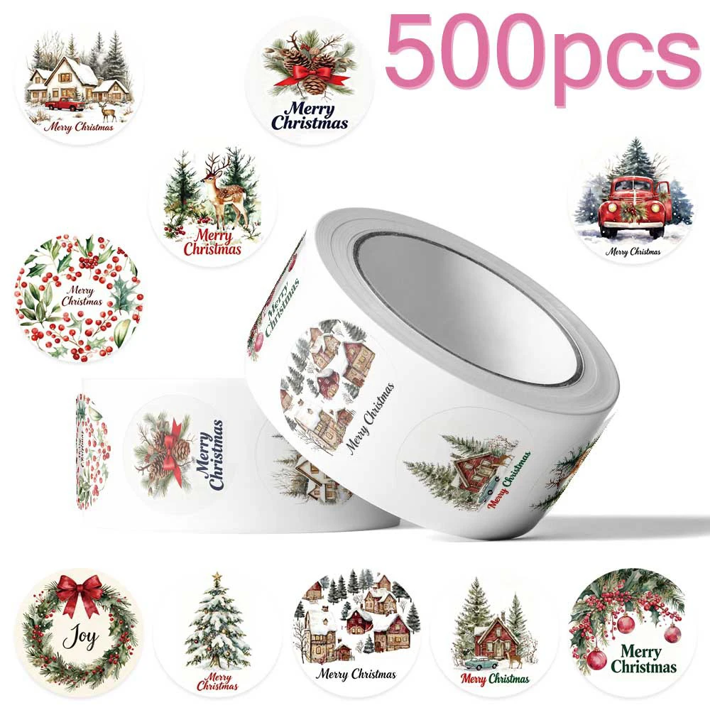 500pcs/roll Aesthetic Merry Christmas Stickers Vintage Graffiti Decals DIY Scrapbook Notebook Phone Cartoon Sealing Sticker Gift