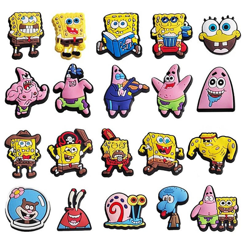 20Pcs Spongebob Shoe Charms Set Cartoon Clog Sandal Accessories DIY Shoe Decoration Wristband Buckle Kids Party X-mas Gifts