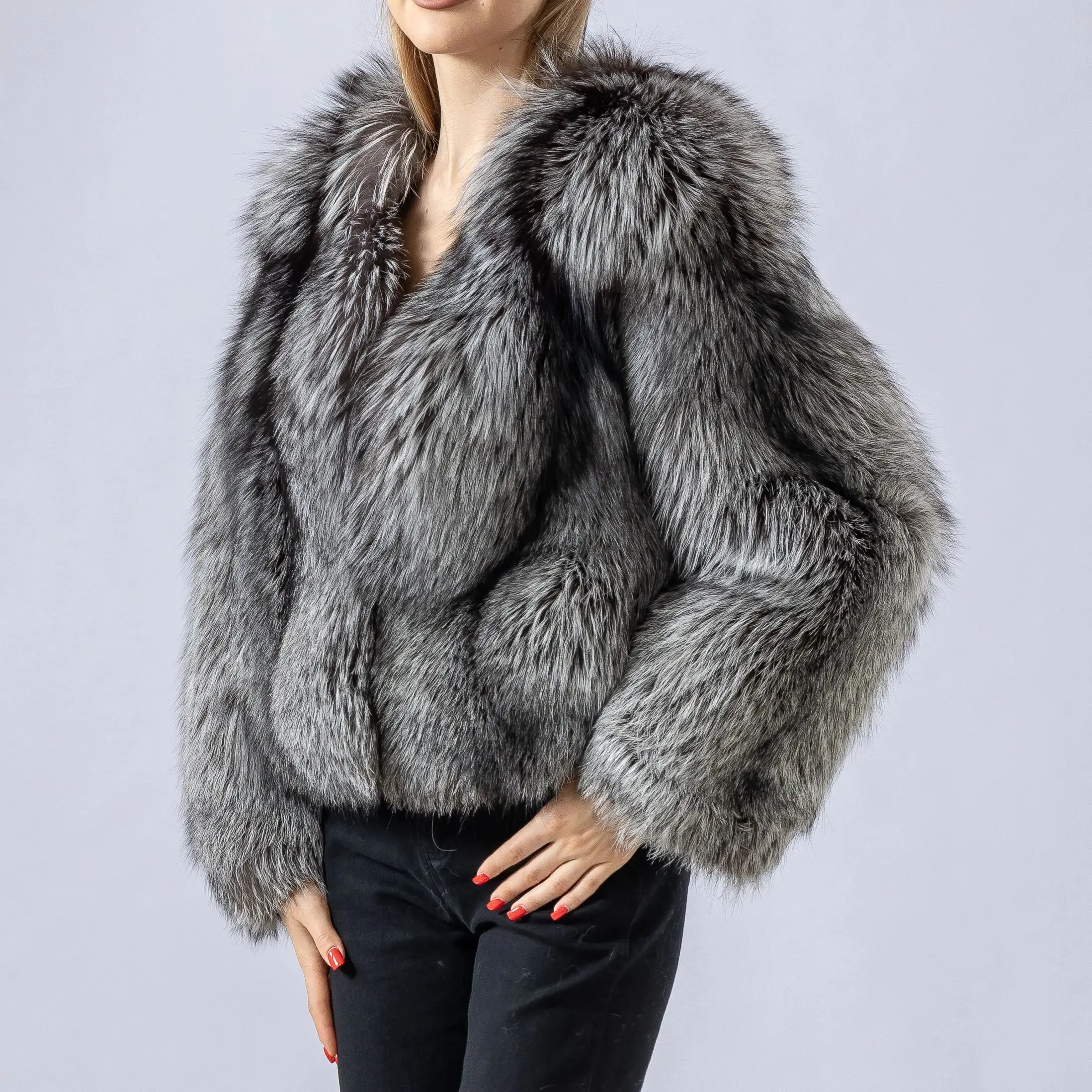 natural sliver fox fur short coat full pelt luxury furry jacket think warm 250458