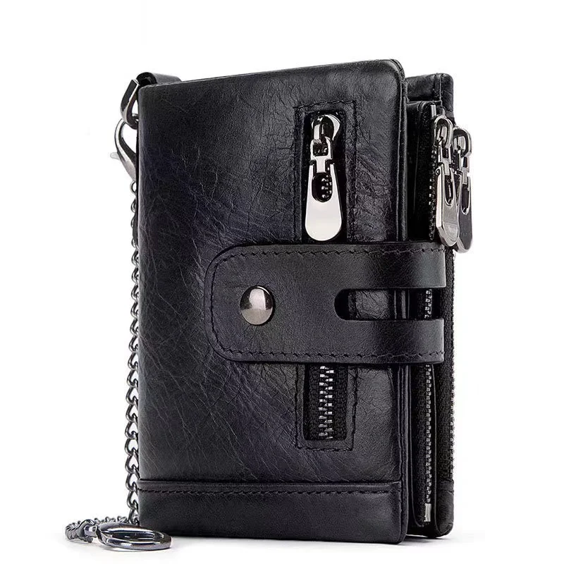 Wallet Genuine Leather Men Wallet Short Male Purse Double Zipper Design RFID ID  Card Holder with Coin Purse Chain Fashion