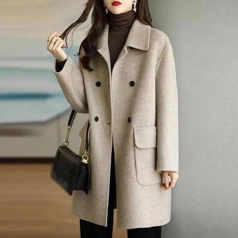 Autumn Women Coat Lapel Double Breasted Trench Coat Flap Pockets Thermal Jacket Mid-length Thickened Overcoat Warm Winter Jacket