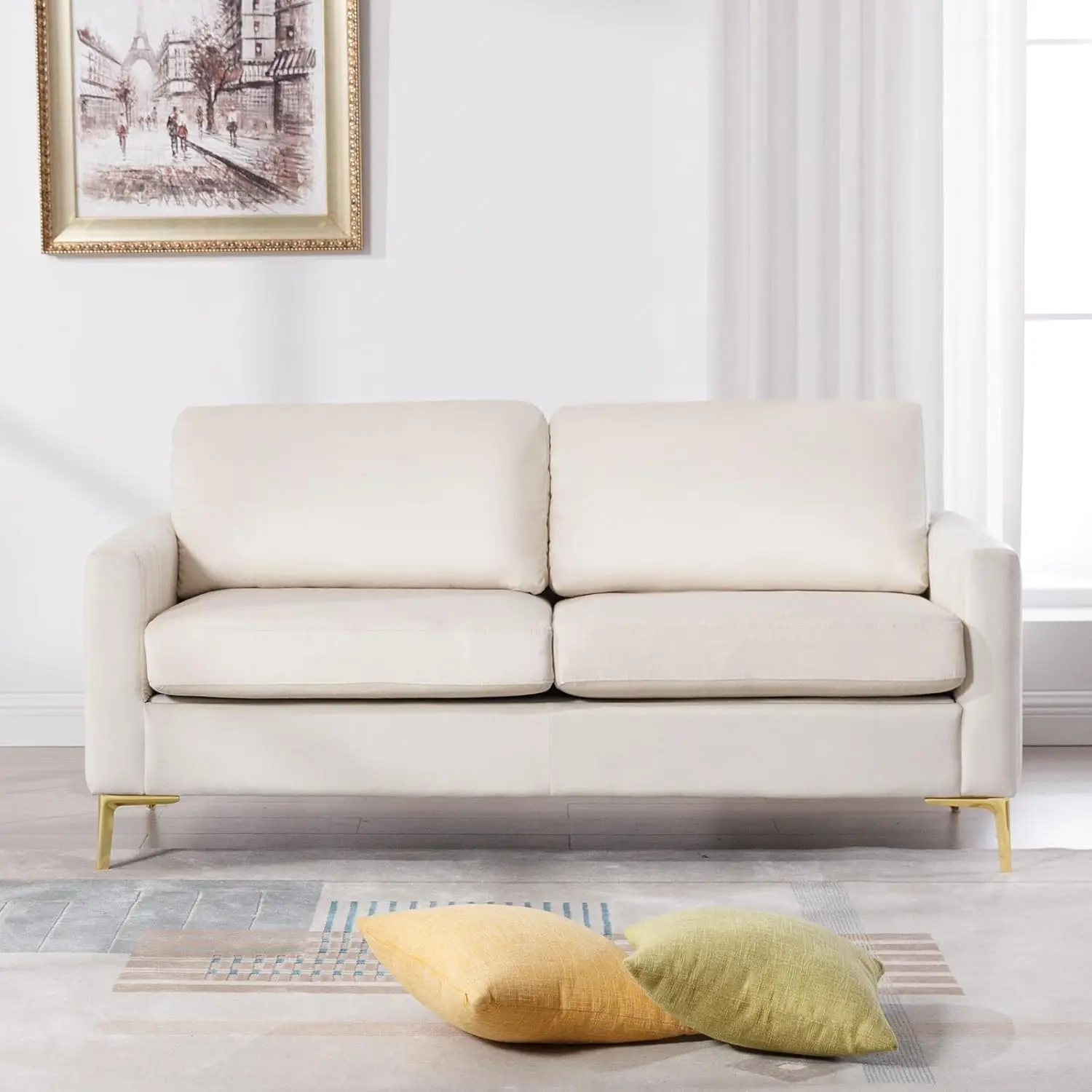 Velvet double sofa, ， 65 "W soft pack channel plush comfortable 2-person sofa with metal legs (beige) image 3