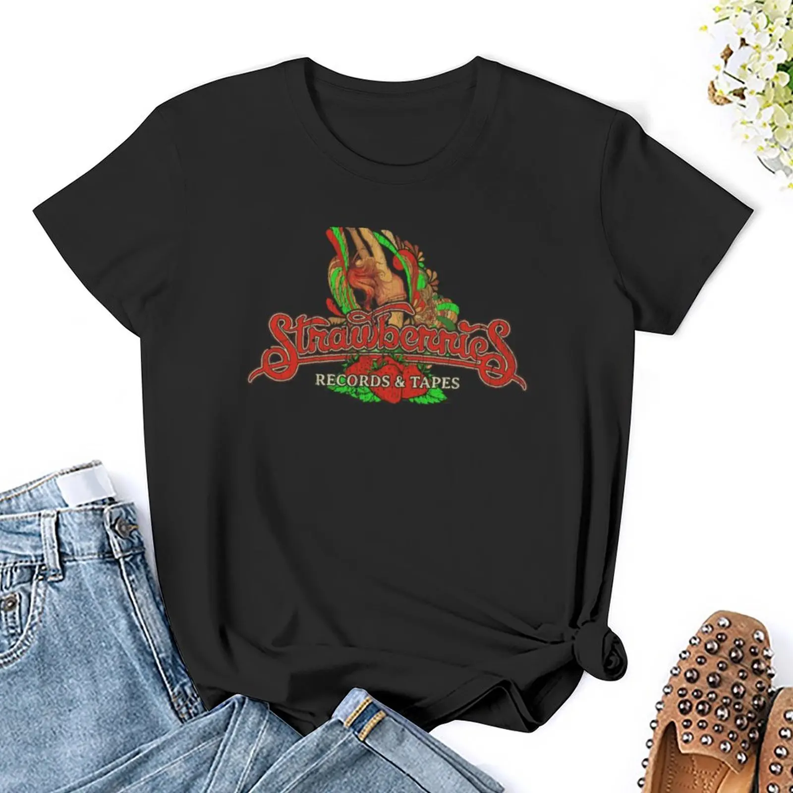 Strawberries Records & Tapes T-Shirt funny cute tops Female clothing Women's tops