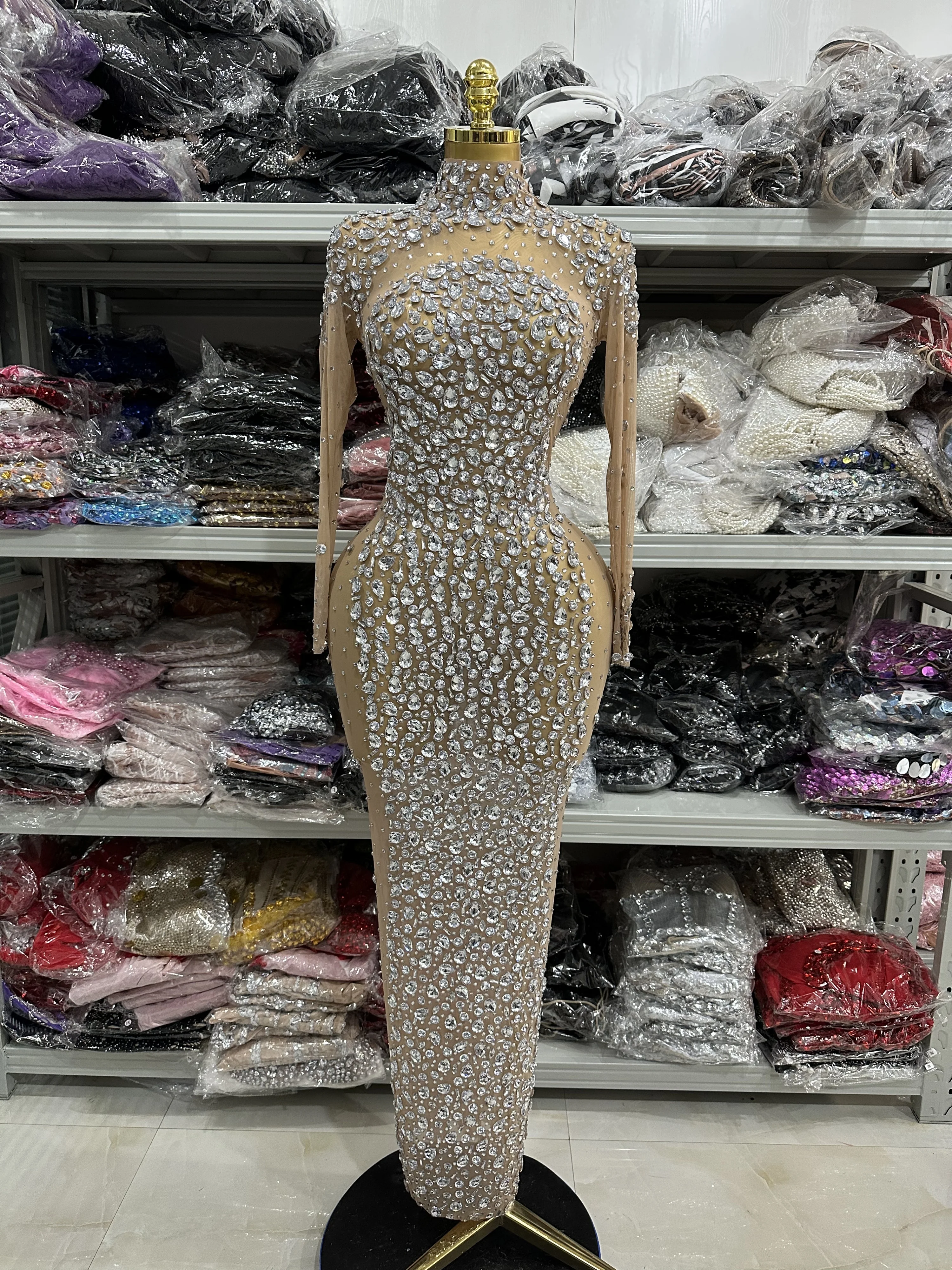 Top Quality Women Long Sleeve Big Crystal Mesh See Through Bodycon Long Gowns Dress Evening Party Celebrate Birthday Wear