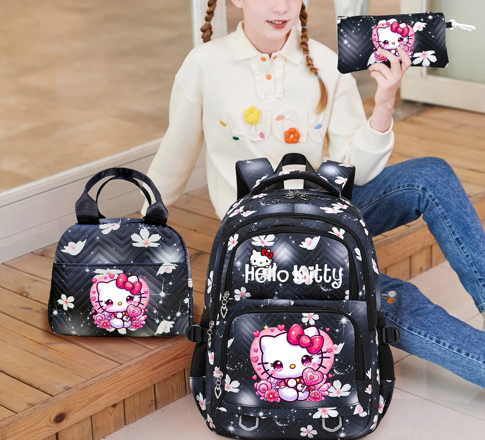 3 個セットバックパック少年少女ハローキティ防水スクールバッグランドセルブックバッグティーンズラップトップバックパックトラベルバッグクリスマスギフト