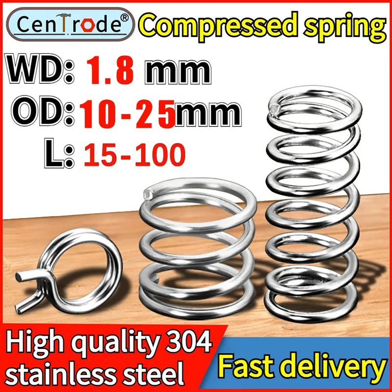 5PCS 304 Stainless Steel Compressed Spring Wire Diameter 1.8mm External Diameter 10-25mm Pressure Spring Length 15-100mm