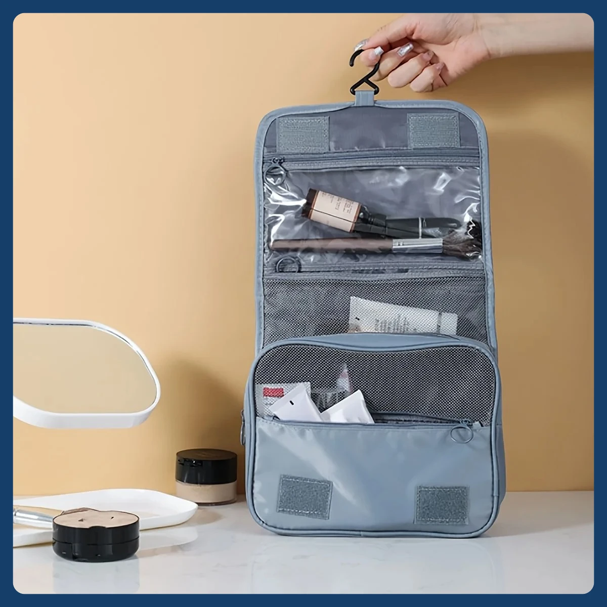 Neceser de viaje para mujer, organizador de cosméticos plegable para montaje en pared con separación en seco/húmedo, estuche de maquillaje colgante portátil