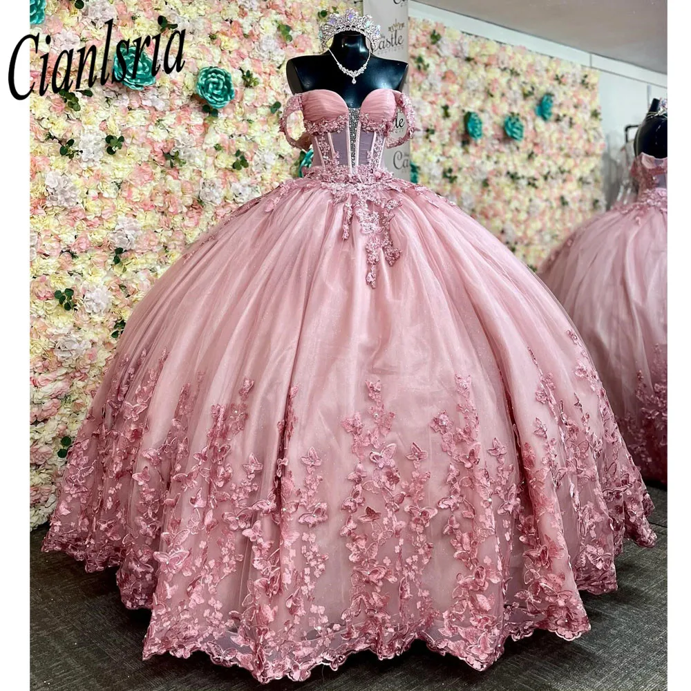 

Pink Illusion Beading Crystal Quinceanera Dresses Ball Gown Off The Shoulder Applique Lace Sweet 15 Vestidos De XV Años