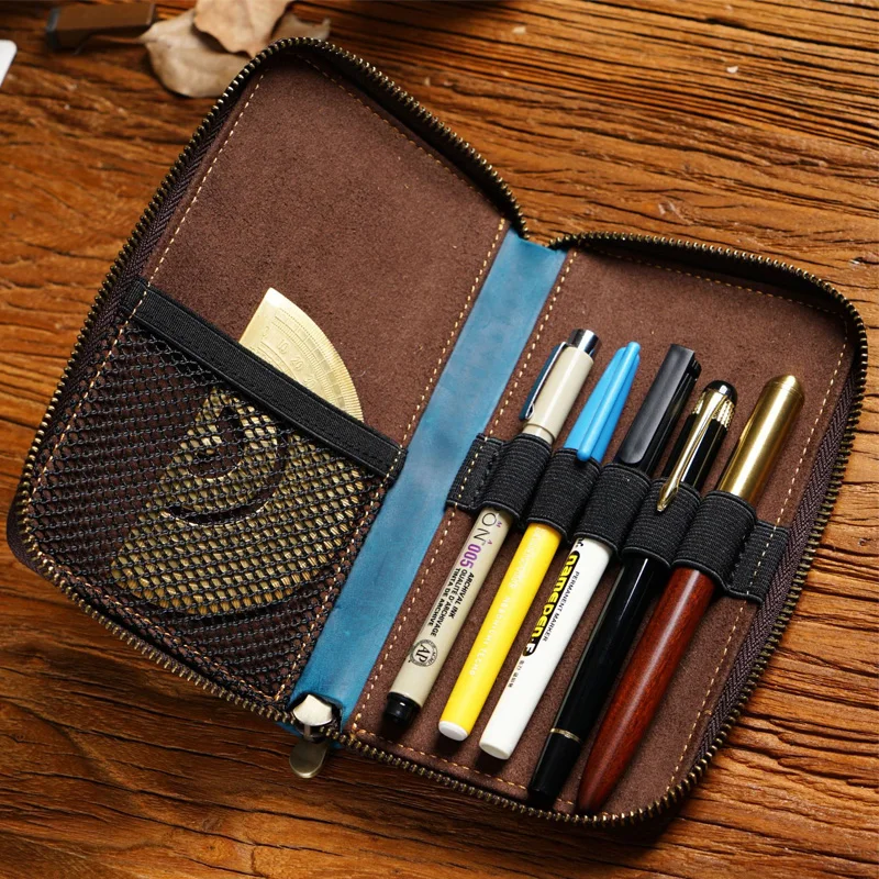 First Layer Leather Zipper Pen Storage Bag Retro Leather Multi-pencil Bag Large-capacity Storage Box Stationery Box Pen Box