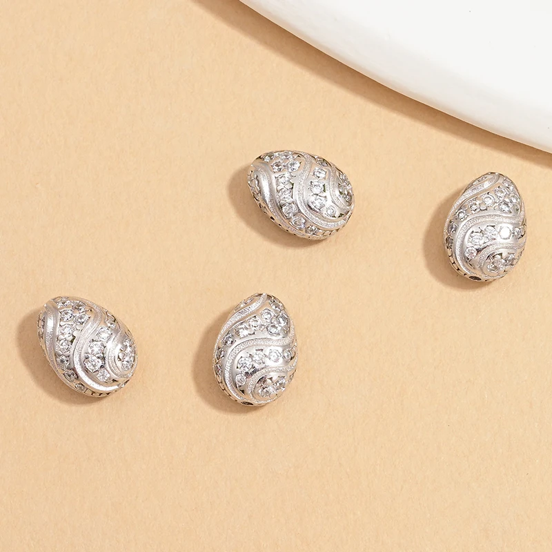 S925 Sterling Silver Flat Round Bead with Zirconia Oval Shaped Open Hole Spacer Openwork Ellipsoidal Pattern String SZ304