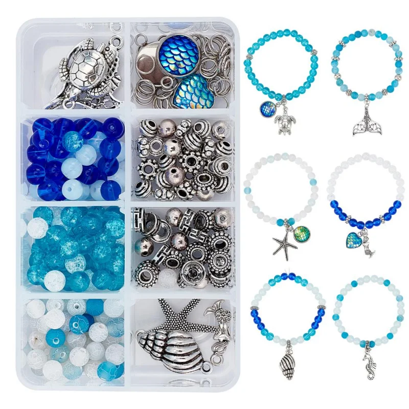 DIY Ocean Theme Bracelet Making Kits Mixed Glass Loose Spacer Beads Metal Pendants with Elastic Crystal Thread Jewelry Findings