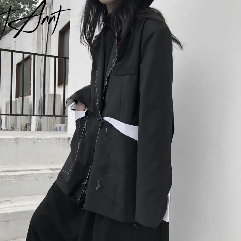 Tannt Women Blazer Asymmetry Split Color Matching Black Chic And Elegant Woman Jacket Irregular Loose Casual Long Oversize Coats