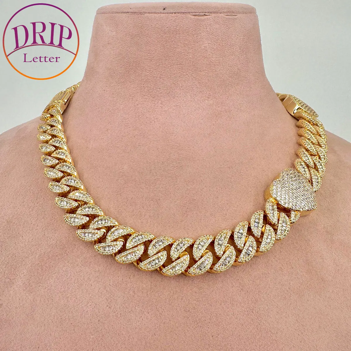 Drip Letter Baguette Cuban Link Heart Necklace Choker for Women Full Iced Out Cubic Zirconia Hip Hop Fashion Jewelry