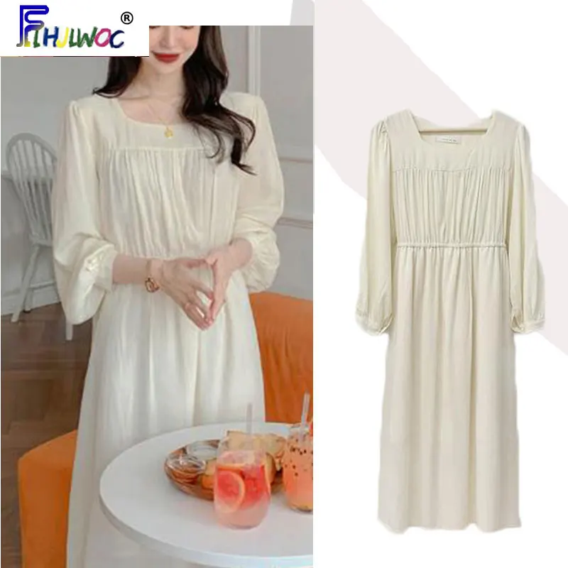 2022 Long Vintage Dresses gentle soft Temperament Lady Korean Japanese Style Flhjlwoc Design Cute Bow Tie Beige White Dress 4209