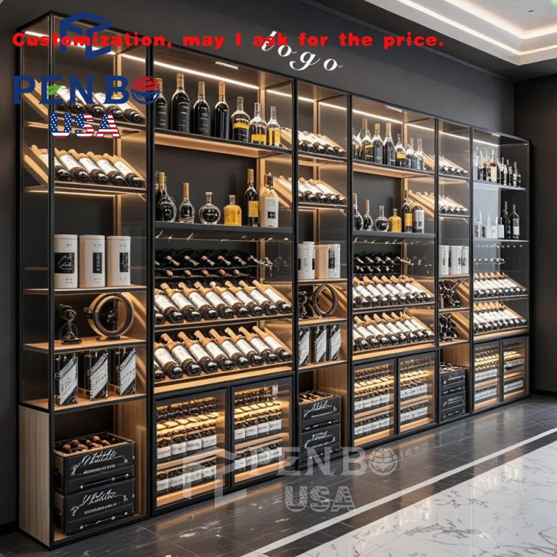 

Изготовленный на заказ. Высококачественный роскошный винный барный шкаф, стойка для погреба, стеклянный витрина, стеллаж для ресторана, винный дисплей