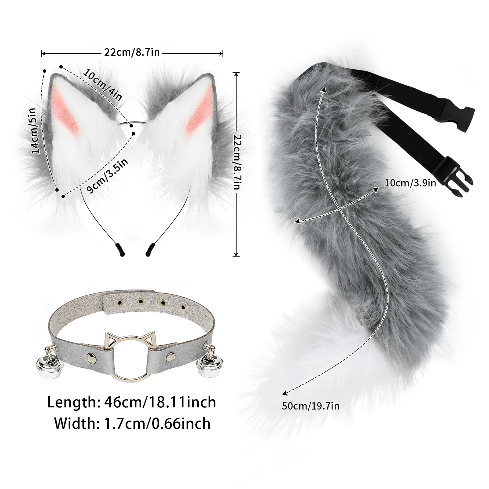 Cat Ears and Wolf Fox Animal Tail Cosplay Costume Faux Fur Hair Clip Headdress Halloween Leather Neck Chocker Set